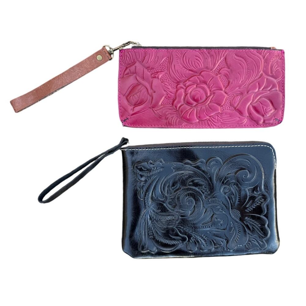 Patricia Nash Tooled Leather Wristlet Clutch Set – Pink Rose & Black Floral